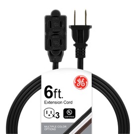 GE 6 Ft Extension Cord, 3 Outlet Power Strip, 2 Prong, 16 Gauge, Twist-to-Close Safety Outlet Covers, Indoor Rated, Perfect for Home, Office or Kitchen, UL Listed, Black, 45148