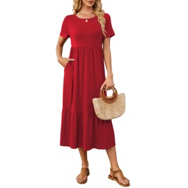 HUSKARY Women's Casual Dresses 2024 Summer Short Sleeve Crewneck Flowy Tiered Beach Causal Maxi Dress with Pockets