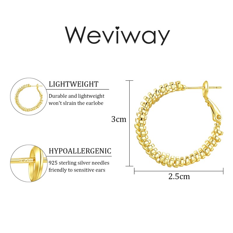 14K Gold Plated Hoop Earrings, Sterling Silver Needle, Lightweight with