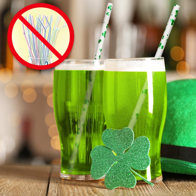 Whaline 200Pcs St. Patrick's Day Paper Straws Foil Green Shamrocks