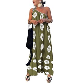 PRETTYGARDEN Women's Summer One Shoulder Maxi Dresses Printed Flowy Boho Beach Vacation Long Sundress (Army Green White Floral,Medium)