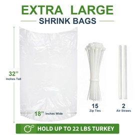 Feifeiya Extra Large Turkey Shrink Bags 15 Pcs 18x32 Inches Clear Poultry Heat Shrink Bags Freezer with Zip Ties，Straws for Family Turkey Chickens Rabbits Meat Storage