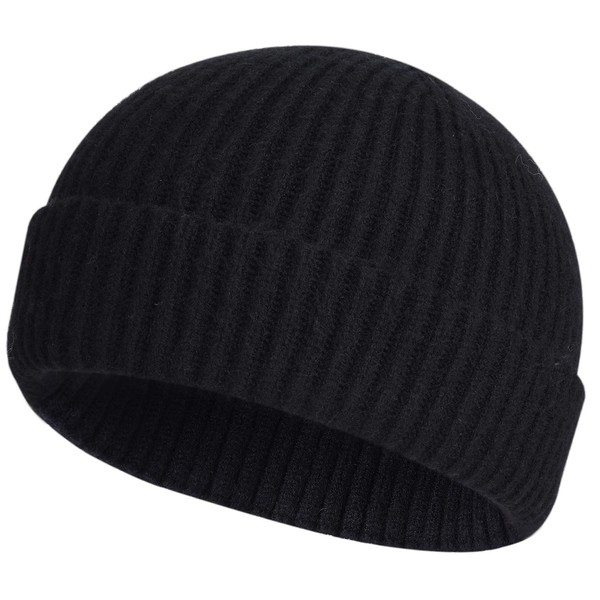 ROYBENS Swag Wool Knit Cuff Short Fisherman Beanie for Men Women, Winter Warm Hats, Navy