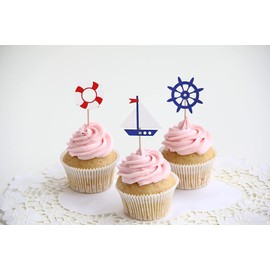 24 piezas de decoración náutica para cupcakes para fiestas temáticas de vela en el océano, fiestas de cumpleaños, baby shower, bodas, fiestas (velero, ballena, cangrejo, ancla, anillo salvavidas, timón)
