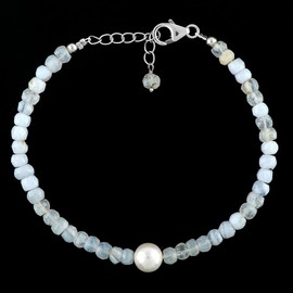 CRYSTALIS Natural Blue Lace Agate Beads Adjustable Bracelet with Elegant Pearl, High Grade Gemstones, Chakra Healing Stones, Gift Giving Jewelry, 925 Sterling Silver Womens Bracelet 8 inch