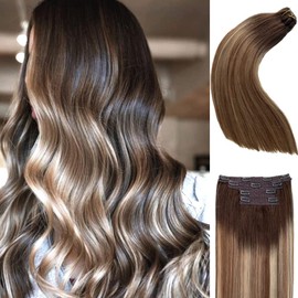 Human Hair Extensions Clip in Ombre Balayage Walnut Brown to Ash Brown with Bleach Blonde Highlights Real Hair Extensions Clip ins 4 Pieces Straight Double Lace Hair Extensions Clip on 14inch 100g