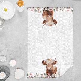 GOOZHO Floral Highland Cow Kitchen Towels, Cow Lovers Gifts for Women Dish Tea Towels for Kitchen Decor, Farmhouse Flower Highland Cattle Decorative Hand Towel, 16x24 Inches