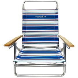 CARIBBEAN JOE Folding Beach Chair, 5 Position Lightweight and Portable Reclining Outdoor Camping Chair with Wooden Armrests and Carry Strap, Navy