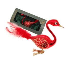 Krebs Glas Lauscha - Christmas Tree Decoration - Glass Swan - Colour: Red - Size: 9 cm + 5 cm Real Feather
