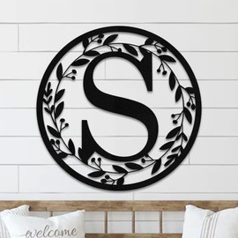 Metal Circle Letter Monogram with Vines Wall Monogram Sign Couples Gift Letter Decor Letter Vine Monogra Wedding Gift, Metal Sign (Oil rub bronze, 10 in)