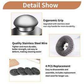 5Pcs Steel Wool Scrubber with Replacement Wire Pads Set, Stainless Steel Scrubber with Handle for Scouring Stubborn Messes from Cast Iron, Pots, Pans, Grill, Stoves, Sink(1 Scrubber+4 Pads)