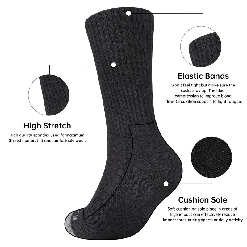 Mens 100% Cotton Moisture Wicking Cushioned Crew Socks, Athletic Performance