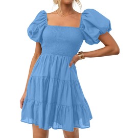 ZESICA Women's Boho 2025 Summer Square Neck Puff Sleeve Off Shoulder Smocked Tiered Casual A Line Short Mini Dress,Blue,X-Large