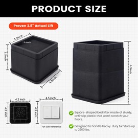 BTSD-home Adjustable Bed Risers 3 or 6 Inch - Heavy Duty Furniture Lifter Set of 4, Supports 2,200 lbs - for Under Bed Storage, Dorm, Bed Frame, Sofa, Table, Chair, Desk - Black