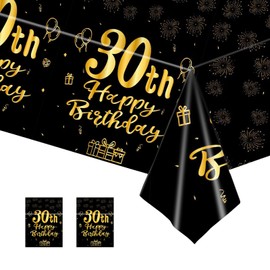COSORO 2pcs Black Gold 30th Table Cloth,Happy 30th Birthday Tablecloth for Men Women 30th Birthday Table Decoration,137 * 274cm Plastic Tablecloths Table Cover 30th Birthday Decorations for Him Her