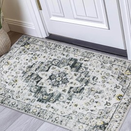 Bazasa Washable Boho Area Rug 2x3ft Vintage Front Door Rug Non-Slip Soft Indoor Doormat Small Oriental Rug Low Pile Door Mat Bohemian Carpet for Entryway Living Room Kitchen Bedroom Bathroom (Fossil)