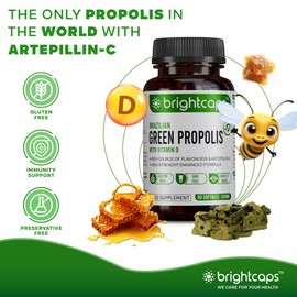 Brightcaps Brazilian Green Propolis | 87% Dry Extract | Immune Booster | High Artepillin C | 43.2mg Phenolic Compound & 16.8mg Flavonoids | 54g Vitamin D