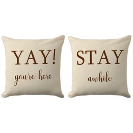 PreLiving Farmhouse Pillow Covers 18x18, Set of 2 - 'Stay Awhile' & 'Yay You're Here' Quotes, Rustic Decorative Throw Pillow Cases, Perfect for Couch, Porch, Guest Room(Beige)