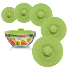 Silicone Bowl Lids Green Set of 5 Reusable Suction Seal Covers for Bowls, Pots, Cups. Food Safe. Natural grip, interlocking handles for easy use and storage.