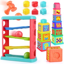 PLAY 3 in 1 Baby Stapelturm Spielzeug & Hämmerchenspiel mit Ball, Stapelbecher mit Zahlen, Formsortierblock– Montessori Spielzeug Stapelturm Formensortierspiel und Stapeln für Kinder ab 1 Jahr