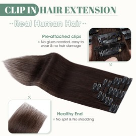 Rich Choices Human Hair Extensions Clip in 12 Inch Dark Brown Remy Hair Extensions, 8PCS 55g Thin Weft