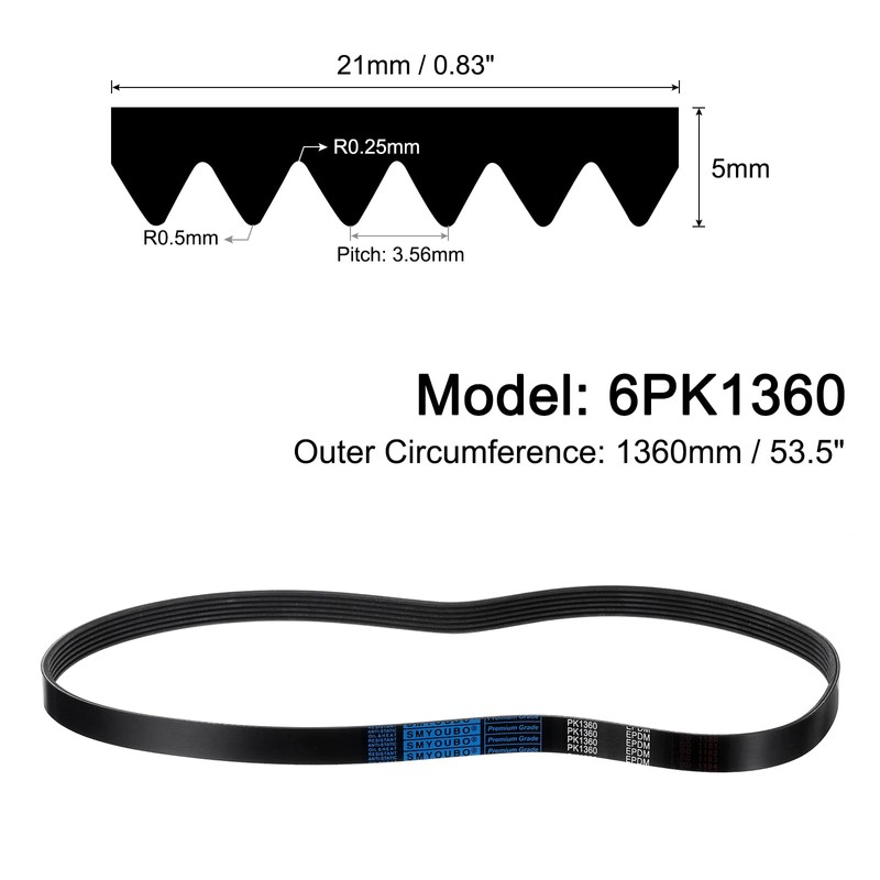 QUARKZMAN 6PK1360 V-Ribbed Belt, 6 Ribs, 1360 mm Length x