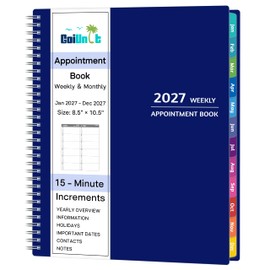 2027 Appointment Book - January - December 2027, Appointment Planner with Weekly ＆ Monthly Spread, 8.5'' x 10.5'', Large, 15 Minute Increments, 2027 Daily Planner with Pockets, Tabs, Flexible Cover, Blue