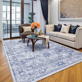 Keeko 6x9 Area Rugs for Living Room, Large Vintage Bedroom Washable Rugs Soft Fluffy Indoor Low Pile Accent Print Rug Non Shedding Non Slip Floral Carpet Rug for Office Dining Room Decor Blue