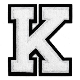 Letter K - Chenille Stitch Varsity Iron-On Patch by pc, 4-1/2", White/Black, TR-11648