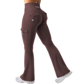 YEOREO CoreFlex Women Workout Flare Leggings with Pockets Hidden Scrunch High Waisted Cargo Gym Yoga No Front Seam Leggings Brown L