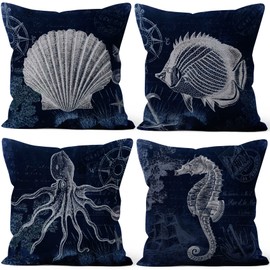 Aoihrraan 41 x 41 cm, Set of 4 Decorative Sea Theme Cushion Covers, Navy Blue, Turtle, Fish, Seahorse, Shells, Decorative Cushion Cover, Square Couch Cushions, Decorative Cushions for Bedroom, Outdoor