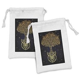 Ambesonne Tree of Life Fabric Pouch Set of 2, Romantic Plant Night with Stars in Sky Baroque Mystic Tribal, Small Drawstring Bag for Toiletries Masks and Favors, 9" x 6", Dark Blue Yellow