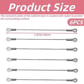 6PCS 8" Cabinet Door Restraint, Stainless Steel Hinge Limiter with Flexible Braided Cabinet Door Restraint Cable, Secure Fixing Eyelets for Chest Cupboard Doors, Windows, Curtains & Hanging Lamps