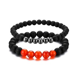 Cupimatch Set of 2 Pairs Bracelets Set for Him and Her Skull Crown Beads Couple Bracelet Black Agate Stone with Zirconia Friendship Bracelet Bangle for Men and Women, Stone