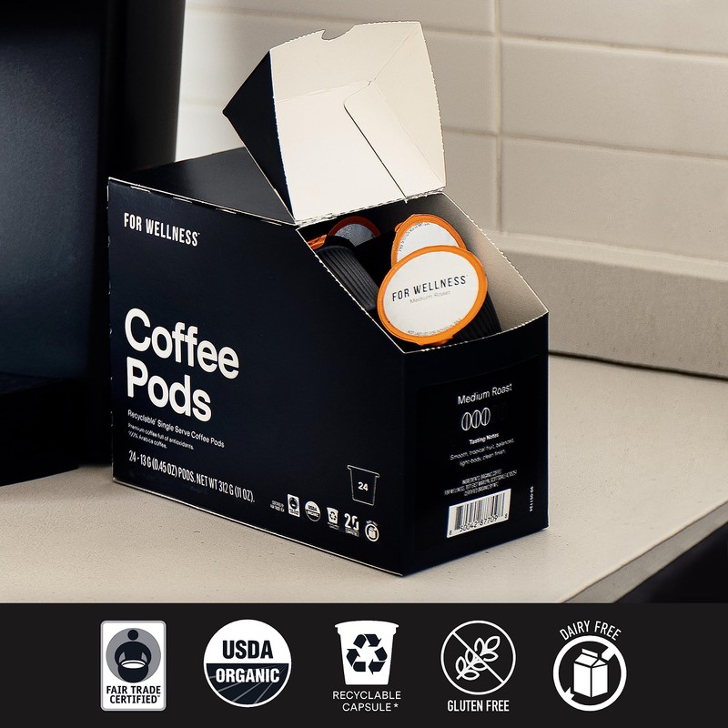 For Wellness Organic Arabica Coffee Pods (24 Pods, Medium Roast)