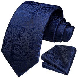 HISDERN Paisley Navy Blue Ties For Men Wedding Necktie & Pocket square set
