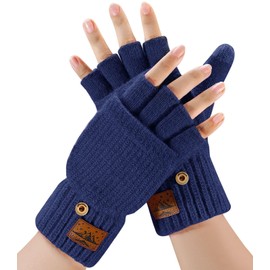 CHENMEI Fingerless Gloves Men and Women - Half Finger Gloves with Cap, Winter Flip Gloves with Touch, Mittens Gloves with Alpaca Wool, Winter Gloves for Men and Women, blue