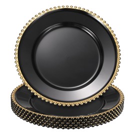 uxcell 6pcs Clear Charger Plates Bulk, 13" Plastic Round Charger Plates with Bead Trim Dinner Dessert Plate for Wedding Party Event Table Setting Decoration, Light Gold On Black