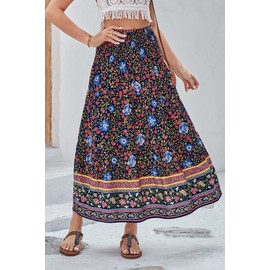 CFLONGE Women's 2025 Bohemian Long Skirts Flowy High Waist A Line Maxi Skirts for Women Summer(Floral Blue Red,Medium)