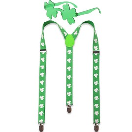 Dorilin St Patricks Day Suspenders -Adjustable Elastic Suspenders with Clips Saint Patricks Day Accessories Cups (Green Suspenders)