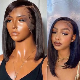 13X4 Lace Front Wig 12 Inch Short Bob Wig Human Hair Straight 180 Density Lace Frontal Wig Straight Hair Bob Wig Natural Color