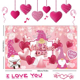 Valentines Day Photography Backdrop, Happy Valentines Day Banner Backdrop, Red Pink Love Hearts and Gnomes Design Party Supplies, for Valentines Day Party Decorations(6x3.6ft)