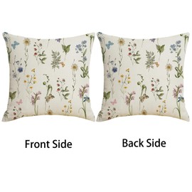 Spring Summer Floral Pillow Covers 18x18 Inch Sage Green Wildflower Leaf Herbs Throw Pillows Cover Set of 2 Outdoor Farmhouse Plant Linen Decorative Square Pillowcase for Couch Bed Sofa Decor