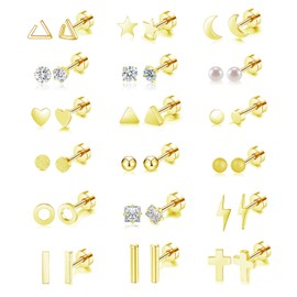 Flat Back Earrings Hypoallergenic,18 Pairs Stainless Steel Flat Back Stud Earrings for Women Men 20G Star Moon Heart Disc Ball CZ Cartilage Earrings Screw Back Flatback Earrings for Sensitive Ears