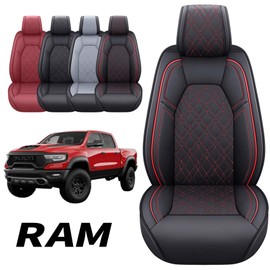 Aierxuan Dodge Ram Seat Covers Custom Fit 2009-2025 1500 2500 3500 Pickup Truck Crew Double Quad Regular cab Waterproof Leather Front Car Cushions(2 PCS Front, Black-Red)