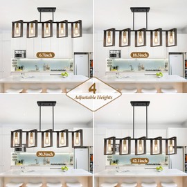 5-Light Black Gold Dining Room Light Fixture, 53’’ Farmhouse Wood Chandelier Kitchen Island Lighting Over Table, Modern Black Rectangular Hanging Pendant Light Fixture for Living Room, E26 Sockets