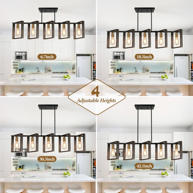 5-Light Black Gold Dining Room Light Fixture, 53’’ Farmhouse Wood