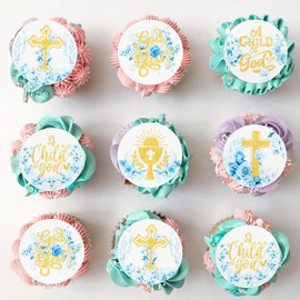 Gyufise 48Pcs Edible Baptism Cupcake Toppers Wafer Paper God Bless Cross Cupcake Picks First Holy Communion Christening Confirmation Religious Cupcake Picks for Baptism Party Decorations Blue
