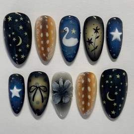Medium Almond Press on Nails Aesthetic Nail Art Dark Blue Fake Nails False Nails with Starry Sky Swan Floral Designs Fairy Tale Medium Glue on Nails for Women Girls 24Pcs