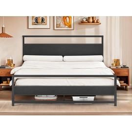DWVO King Bed Frame with Modern Wood Headboard & Footboard, Heavy Metal Platform with 1212lbs Capacity,Noise-Free, Easy Assembly,Under-Bed Storage,King Black